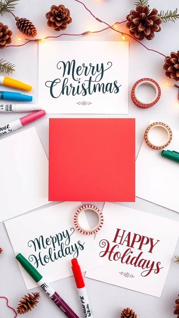 Flat lay of handmade Christmas cards with hand lettering, surrounded by crafting materials.